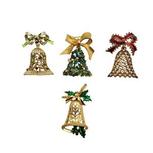 Gerrys Mylu Bell Brooch Gold Christmas Holiday Rhinestone Enamel Vintage Winter